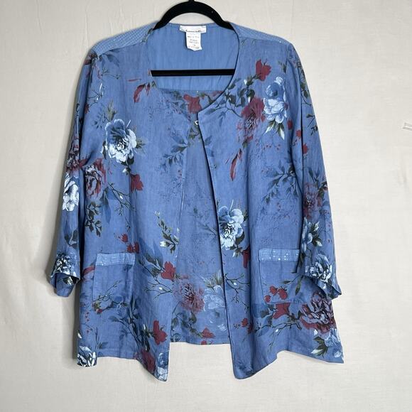 Serengeti Artsy Open Linen Jacket Sz L floral Sequins Pockets Lagenlook‎ Italy - Picture 1 of 14